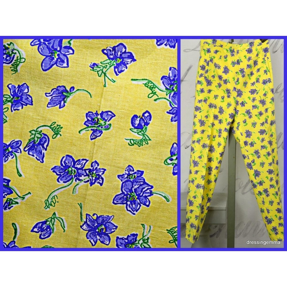 Vtg Lilly Pulitzer Women's Yellow Linen‎ Blend Pants With Purple Flowers Size 8